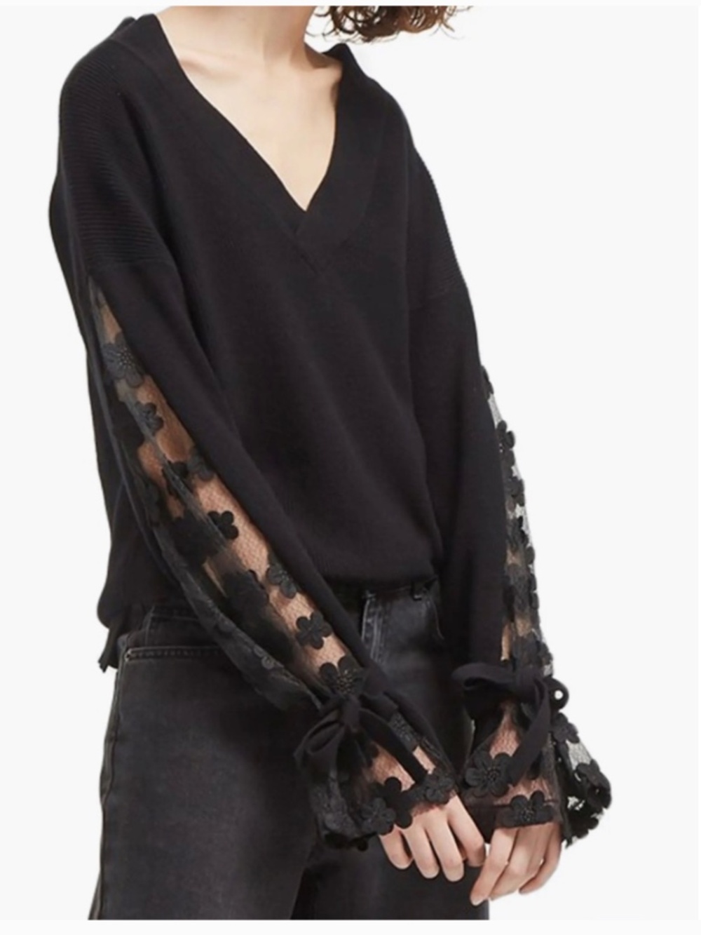 Whimsical French Connection Black Lace Sleeve Sweater M Dark Coquette Oversized